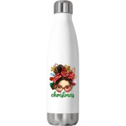Christmas Messy Bun With Gingerbread Man Stainless Steel Water Bottle
