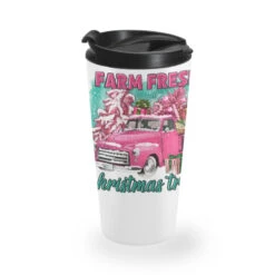 Pink Farm Fresh Christmas Trees Truck Travel Mug