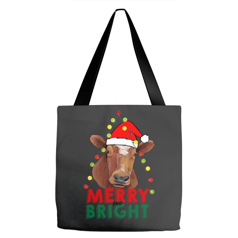 Merry And Bright Cow With Christmas Lights Tote Bags 3 Merry And Bright Cow With Christmas Lights Tote Bags