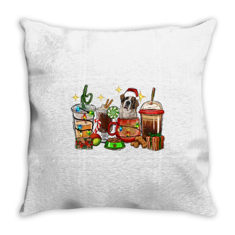 Christmas Coffee Cups With Saint Bernard Throw Pillow 3 Christmas Coffee Cups With Saint Bernard Throw Pillow