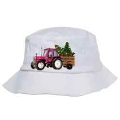 Pink Christmas Farm Tractor Bucket Hat