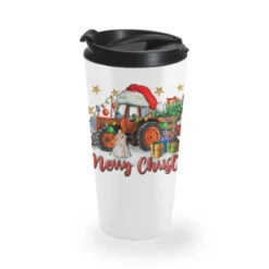 Christmas Orange Tractor With Santa And Snowman Travel Mug