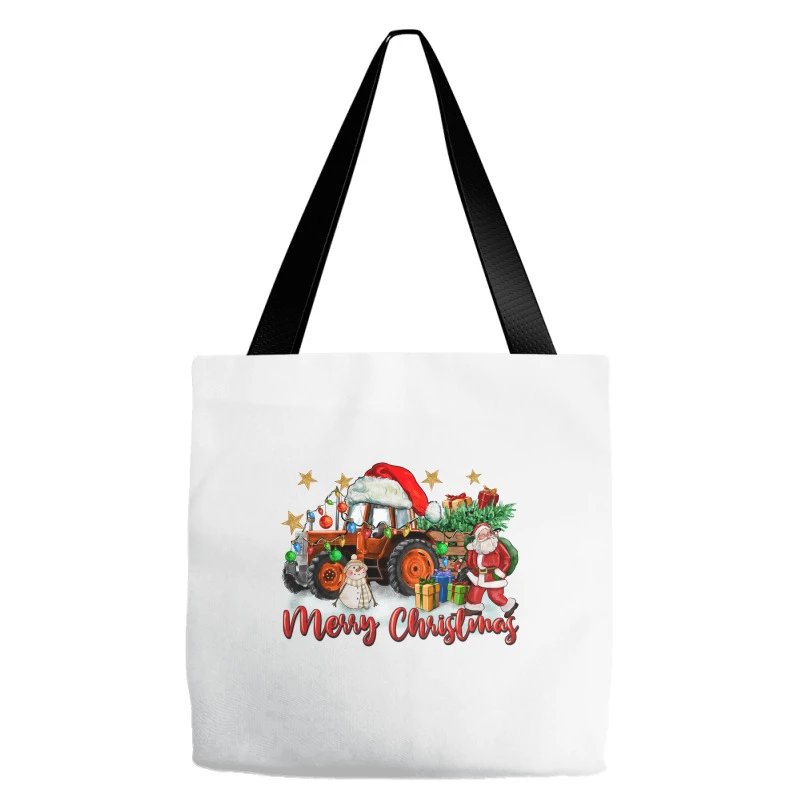 Christmas Orange Tractor With Santa And Snowman Tote Bags 3 Christmas Orange Tractor With Santa And Snowman Tote Bags