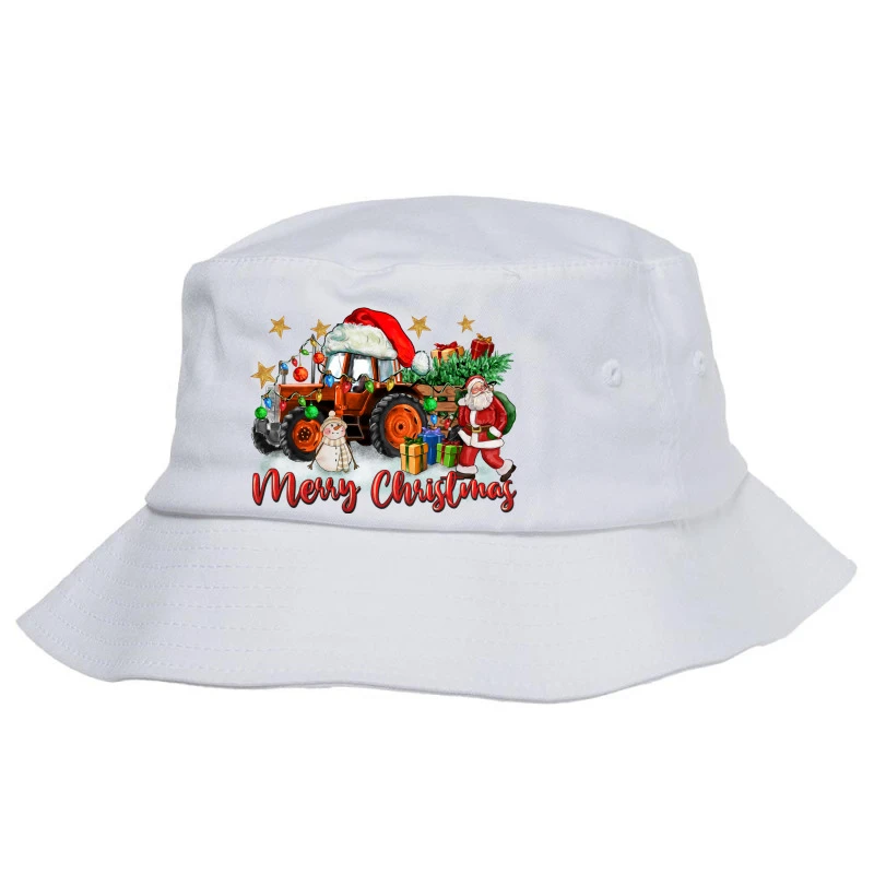 Christmas Orange Tractor With Santa And Snowman Bucket Hat 3 Christmas Orange Tractor With Santa And Snowman Bucket Hat