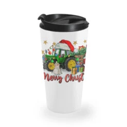 Christmas Green Tractor With Santa And Snowman Travel Mug