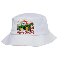 Christmas Green Tractor With Santa And Snowman Bucket Hat