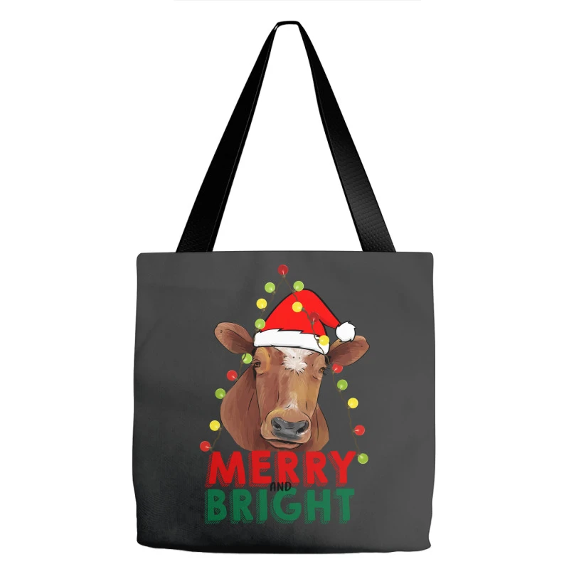 Merry And Bright Cow With Christmas Lights Tote Bags 4 Merry And Bright Cow With Christmas Lights Tote Bags - Image 2