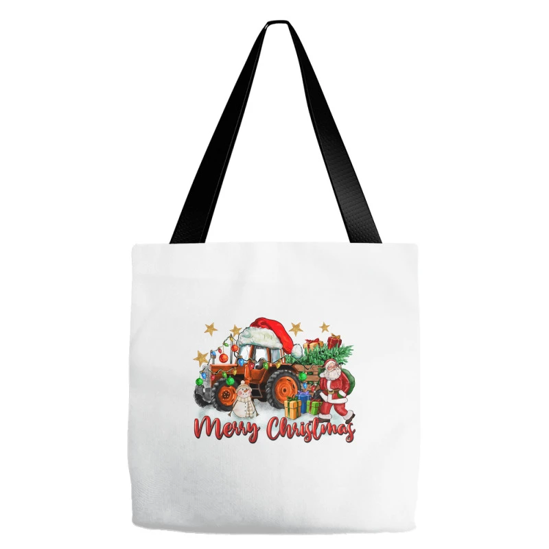 Christmas Orange Tractor With Santa And Snowman Tote Bags 4 Christmas Orange Tractor With Santa And Snowman Tote Bags - Image 2